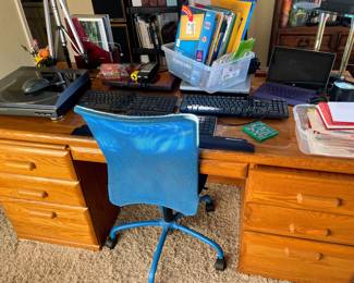 Solid Oak Wooden Desk, electronics, turntable and office supplies