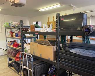 Metal shelves, sleep number bed supports, fishing and supplies