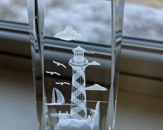 Laser etched glass lighthouse paperweight
