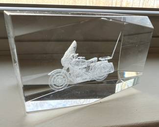 Laser etched glass motorcycle paperweight