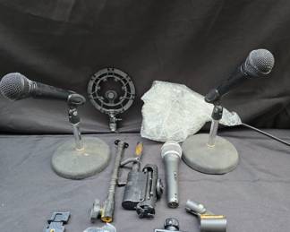 Various studio equipment: Mics, mic stands, mic parts and equipment, small ring light