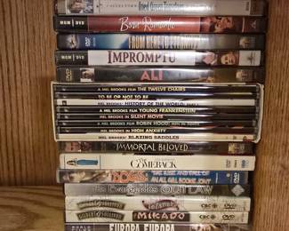 Movie (DVD) Collection: Bram Stoker's Dracula; Europa Europa; Gilbert & Sullivan: The Mikado; Gilbert & Sullivan: Iolanthe; The Everglades Outlaw; Dogs: The Rise and Fall of an All Girl Bookie Joint; The Comeback; Immortal Beloved; Mel Brooks' Blazing Saddles; Mel Brooks' High in Anxiety; Mel Brooks' Robin Hood: Men in Tights; Mel Brooks' Silent Movie; Mel Brooks' Young Frankenstein; Mel Brooks' History of the World Part I; To Be or Not To Be; Mel Brooks' The Twelve Chairs; Ali; Impromptu; From Here to Eternity; Born Romantic; Fried Green Tomatoes