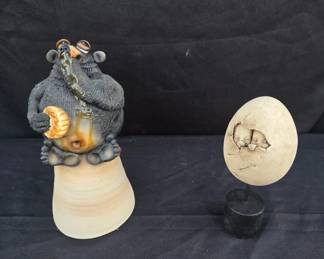 Todd Warner Ceramic Bear Bell Figurine and Ceramic Egg Figurine