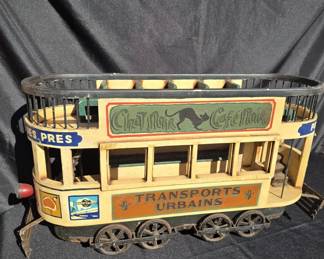 Vintage Double Decker Wood & Cast Iron French Trolley Car