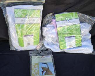 2 Therabath Foot ComfortKits (each accessory kit includes: 2 ultraplush boots, 4 oz. intensive hydrating cream, 4 oz. sanitizing spray, 100 boot liners) plus New (sealed) Terry Cloth Spa Headband