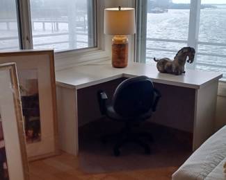 White corner Desk,  Retro wooden lamp