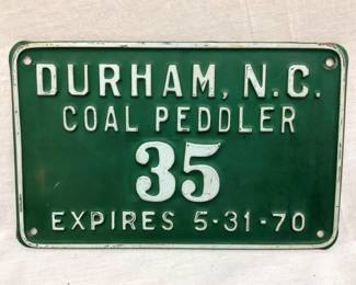 EMB. 1970 DURHAM NC COAL PEDDLER TAG