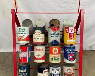 STATION OIL RACK SIGN W/ VARIOUS CANS