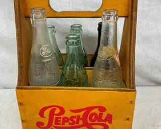 WOODEN PEPSI CARRIER W/ VARIOUS BOTTLES