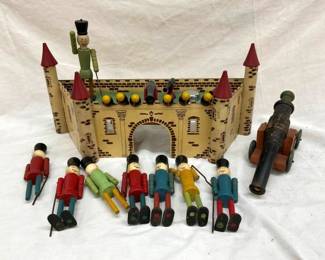 EARLY WOODEN SOLDIERS W/ FORT TOY SET