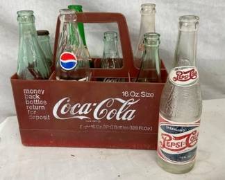COKE CARRIER W/ VARIOUS BOTTLES
