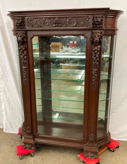 FANCY LION HEADS CARVED OAK CHINA CLOSET