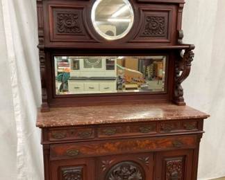 ORNATE WALNUT SIDEBOARD W/ CHOC. MARBLE