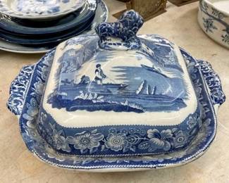 EARLY BLUE WARE COVERED DISH