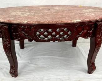 ORNATE MAH. MARBLE TOP COFFEE TABLE