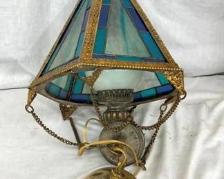 EARLY STAINED GLASS LIGHT FIXTURE