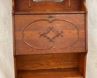 OAK LARKEN DESK W/ CARVINGS, BEV. MIRROR