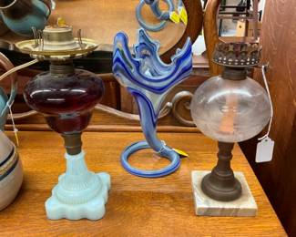 VINTAGE OIL LAMPS, ART GLASS