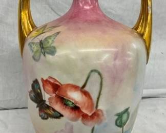 14" DECORATED VASE W/ DOUBLE HANDLES