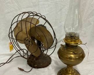 EARLY GE BRASS BLADE FAN, B&H LAMP