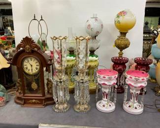 PARLOR LAMPS, LUSTER WARE,CLOCKS