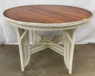 EARLY 42" WICKER TABLE W/ WOOD TOP