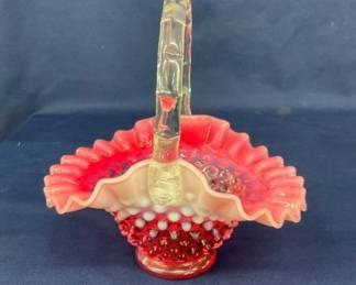 8" FENTON HOBNAIL CRANVERRY BASEKT