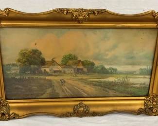 GOLD FRAMED VICTORIAN BARN SCENE