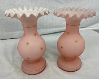 8" EARLY PAIR PINK SATIN VASES