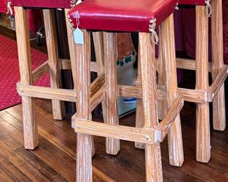 VINTAGE RANCH OAK STOOLS WITH ORIGINAL UPHOLSTERY