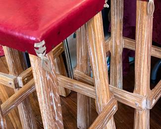 VINTAGE RANCH OAK STOOLS WITH ORIGINAL UPHOLSTERY