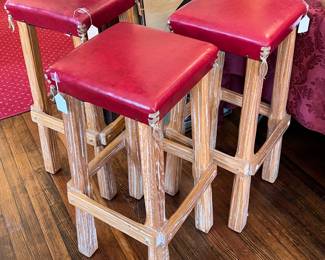 VINTAGE RANCH OAK STOOLS WITH ORIGINAL UPHOLSTERY