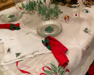 Beautiful Holiday Table Cloth, Napkins. Snow Flake Plate Glasses ( From Marshall Fields!). Holiday Centerpiece
