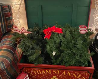 Hand Painted Red Gold Trunk, Filled with Pine Garland!