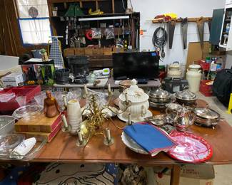 Nice Silver Plate Flatware, Soup Tureen's, Serve Ware, Mahogany Dining Table with Leaves ..Needs re finishing or Paint it!!!