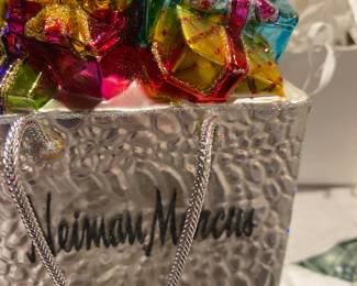 Neiman Marcus Silver Shopping Bag with Presents Glass Ornament 