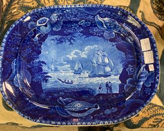 Blue & White Platter American Flagged Ship off the coast of Africa.