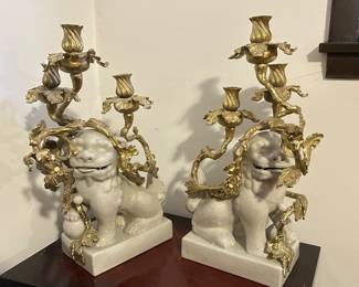 Pair of White Ceramic / Gold Gilt Foo Dog Candelabras, 18"W x 21"H x 9"D, was $595, NOW $395