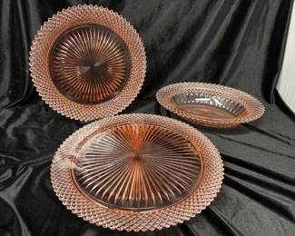 Vtg Anchor Hocking pink depression glass, Footed Cake, Plate, 1 available, was $18 each, NOW $12 Each. Oval Serving Bowl, was $18, NOW $12