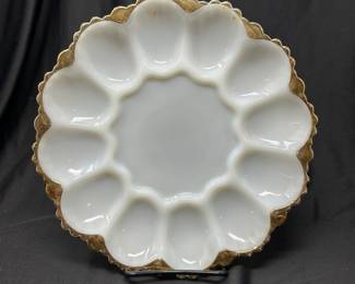 Milk Glass Gold Rimmed Deviled Egg Dish, 10", $10