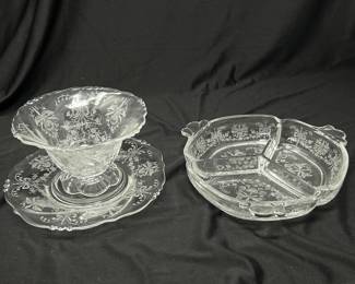 Helsey Orchid Clear Depression Glass: One Three-Compartment Dish 8", Fluted Bowl, 10", was $28, NOW $20