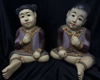 PAIR Asian Hand Carved Wood & painted children, 12"W x 12"H, was $150, NOW $95