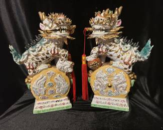 PAIR Kutani Shishi Foo Dog Statues w/Red Tassels, 12"H, was $125, NOW $85