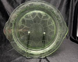 "Cameo" Green Depression Handled "Glow" Cake Plate, 11.5"D, was $18 , NOW $14
