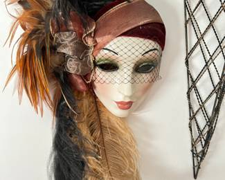 Vintage Ceramic Lady Face Mask with Velvet hat/orange & Black feathers/green eyeshadow, was $38, NOW $28