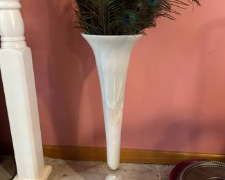 Vintage Art Deco Stunning White Glass Floor Vase w/Spray of Peacock Feathers, 10"W x 30"H, was $140, NOW $95