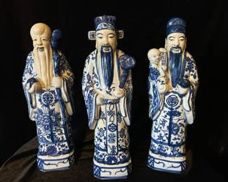 Blue and White Porcelain Three Lucky Gods Chinese Statue Set, 3.25"W x 3"D x 12.5"H, was $148, NOW $95