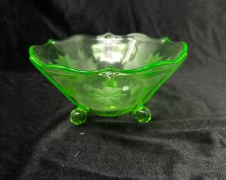 Green Uranium Footed Etched bowl/candy dish, was $18, NOW $14