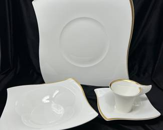 Villeroy and Boch, New Wave Premium White Square Gold Rimmed Dinnerware: 4 Dinner Plates, 4 Soup, 5 Cups & Saucers, 1 Extra Cup, $78
