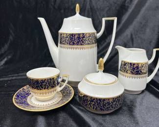Blue, White, & Gold Pirken Hammer Tea set: Teapot, Sugar & Creamer, 6 teacups/saucers, was $95, NOW $55